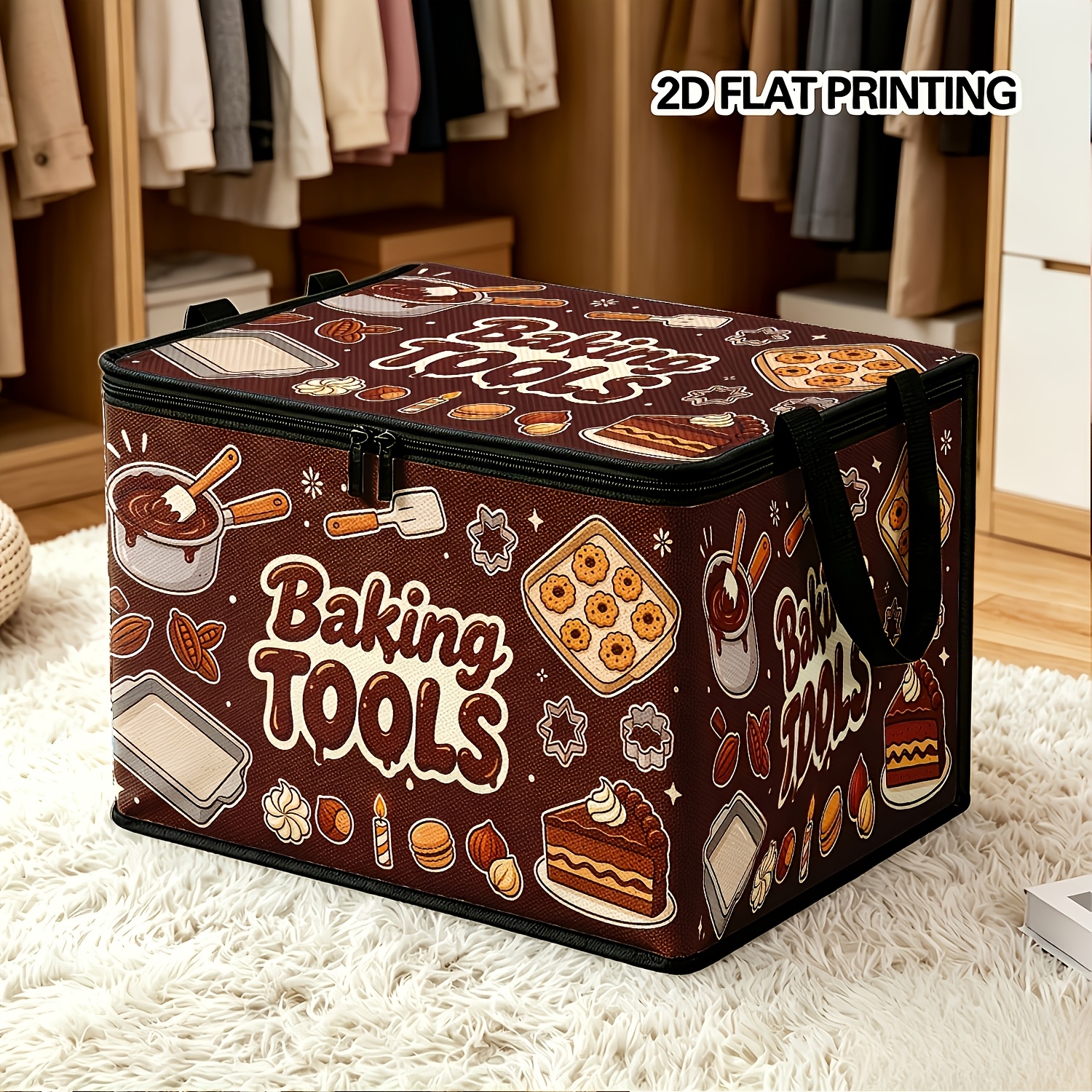 TEMU 1pc Bakery-themed Sweet Treat Cartoon Print Zipper Fabric Handbag Storage Box, Foldable For . Can Hold Snacks, Kitchen Items, Household Clutter,