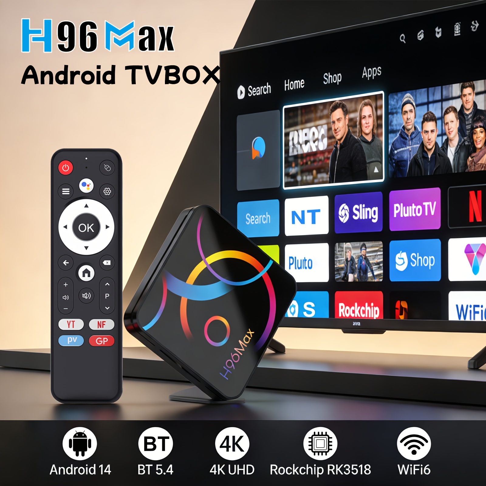 Boîtier TV Smart H96 MAX NOUVEAU Android 14, Rockchip Quad-Core ARM Cortex A53, Support 4K 3D HDR20, Wifi6 BT 5.0 100-240V, 4K@60Fps HD, Ethernet 200M, Assistant Vocal Google, Lecteur Multimédia, Mirroring Cast, Double Ports USB 3.0 Festival