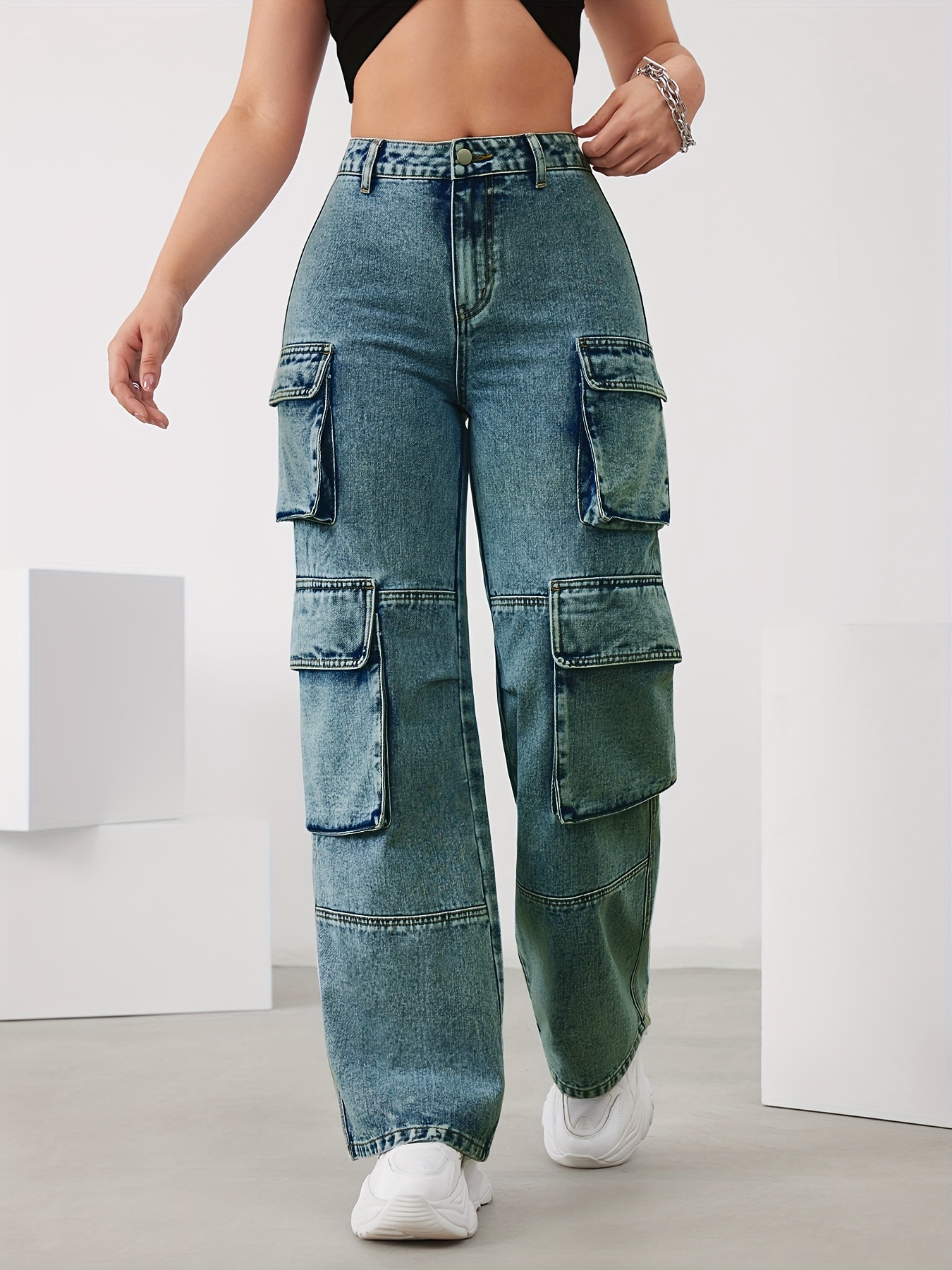 Multi-Pocket Blue Washed Cargo Pant High Waist Jeans
