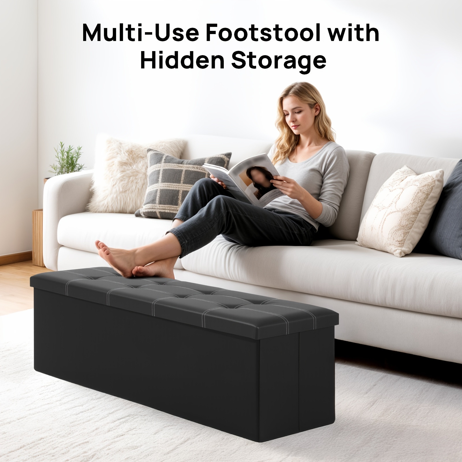 Image of 43 Inches Storage Ottoman Bench, Folding Ottoman Stool, Storage Ottoman, Storage Chest, Bed End Bench, Padded Seat, Storage Bench With Seating For Bedroom, Living Room