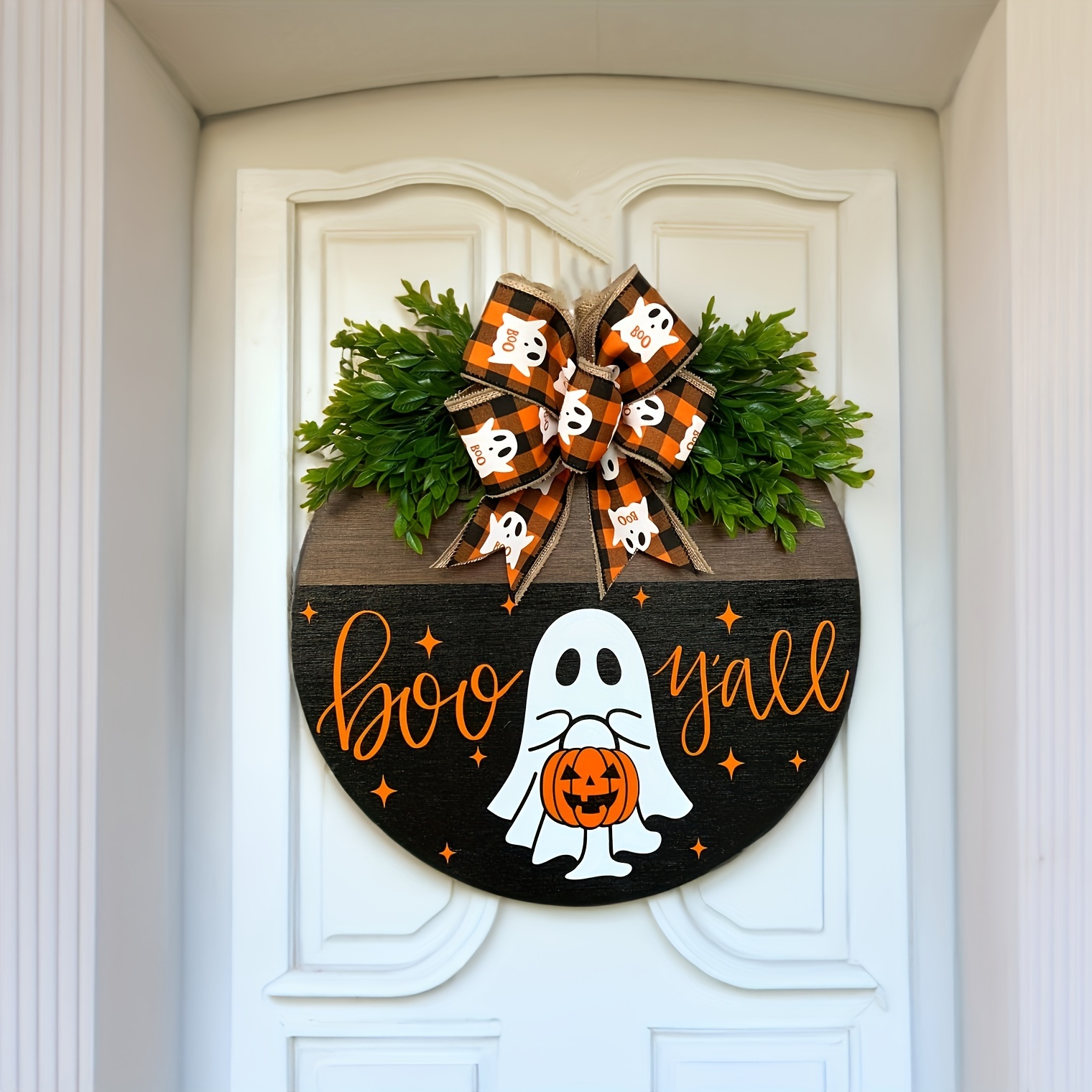 TEMU 1pc Spooky White Pumpkin Boo Door Hanging Sign - Festive Halloween Welcome Decoration For Living Room, Bathroom, Bar, Cafe, Garden, Office, And - Perfect Housewarming Gift For