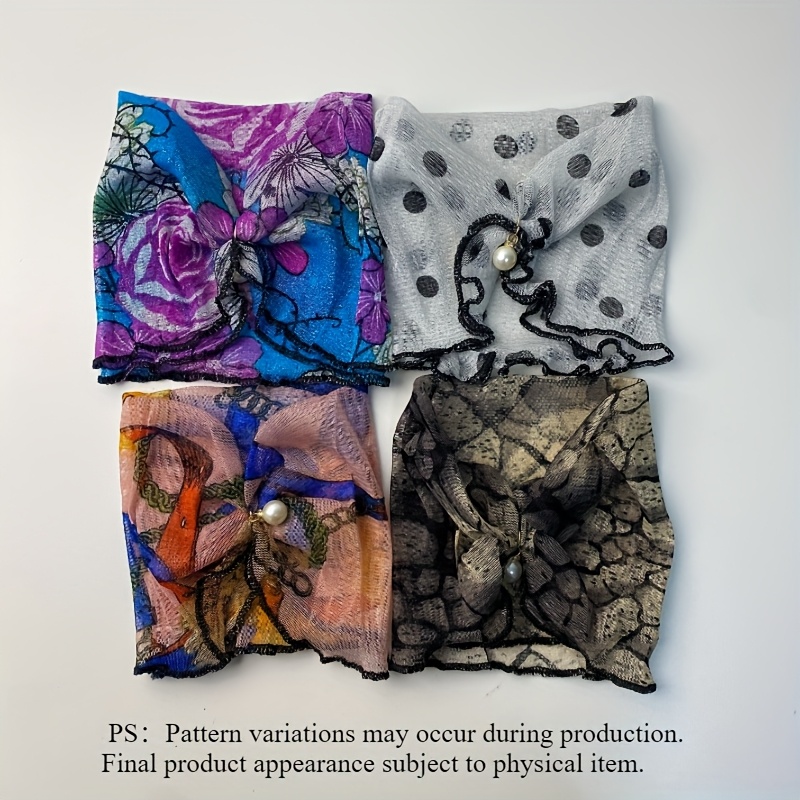 Image of 4pcs Elegant Women's Scarves, Net Headscarf With Plant Pattern, Elastic Neck Coverage, Decorative Weekend Scarf, Hand Washable - Multiple Colors , Perfect Mother's Day Gift