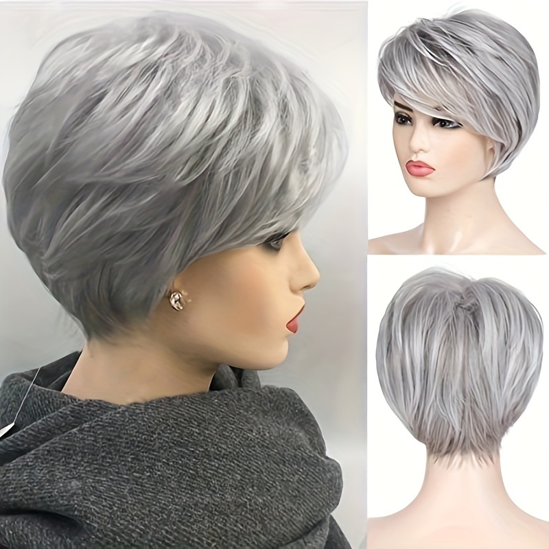 

Grey Wig Short Layered Synthetic Wig With Bangs Heat Resistant Replacement Hair Wig For Women