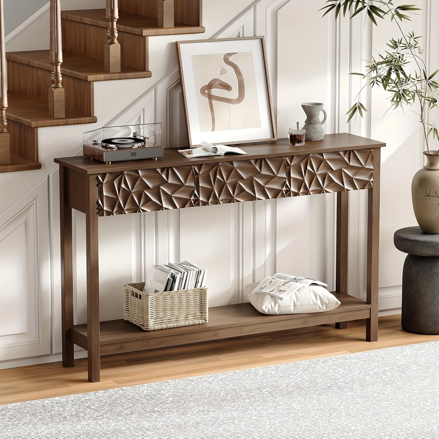 Kinder King 51 Inch Modern Console Table Farmhouse Entryway Table with 3 Drawers Narrow Wood Entry Way Table with Open Storage Shelf Long Sofa Table Behind Couch for Hallway, Foyer, Living Room, Walnut