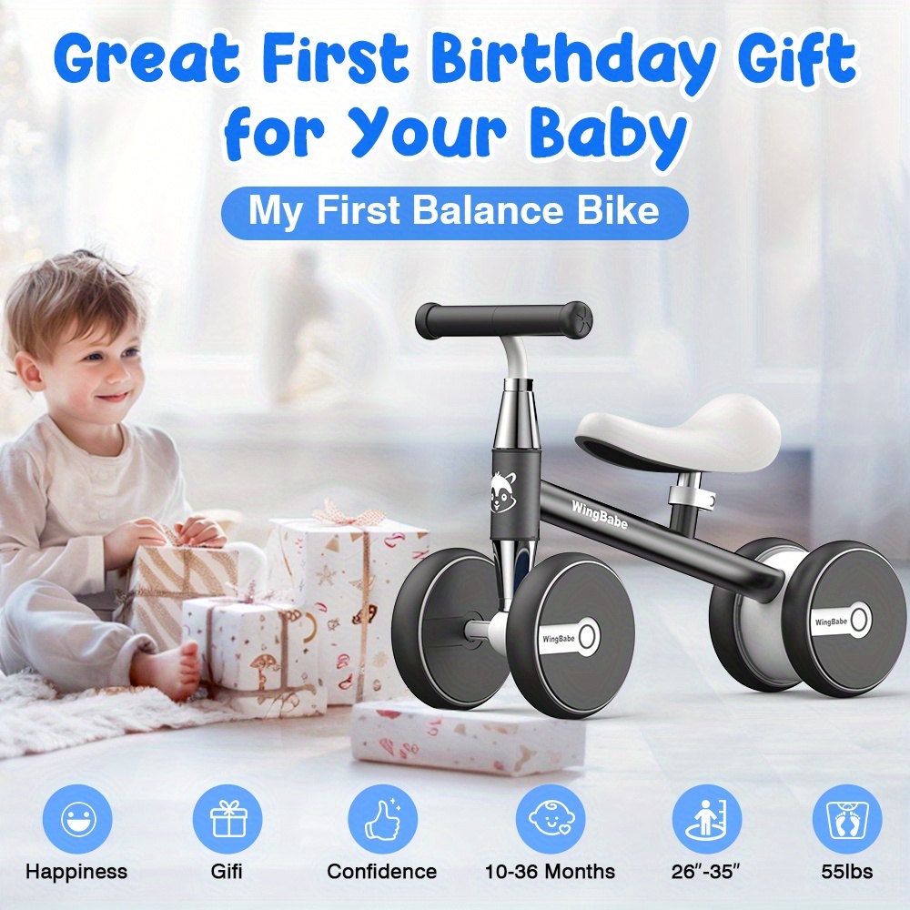 Baby Balance Bike for Toddlers 10-36 Months, 4-Wheel First Ride Bike for Boys and Girls, Multiple Colors