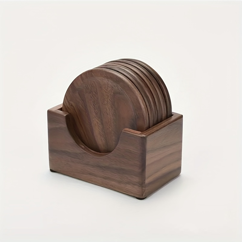 A Set Of 6 Round Coasters Walnut Wood, Featuring A Wooden Storage Base. Heat-resistant And Non-slip Coasters Are Suitable For Dining And Coffee, From Durable Materials With An Elegant Design