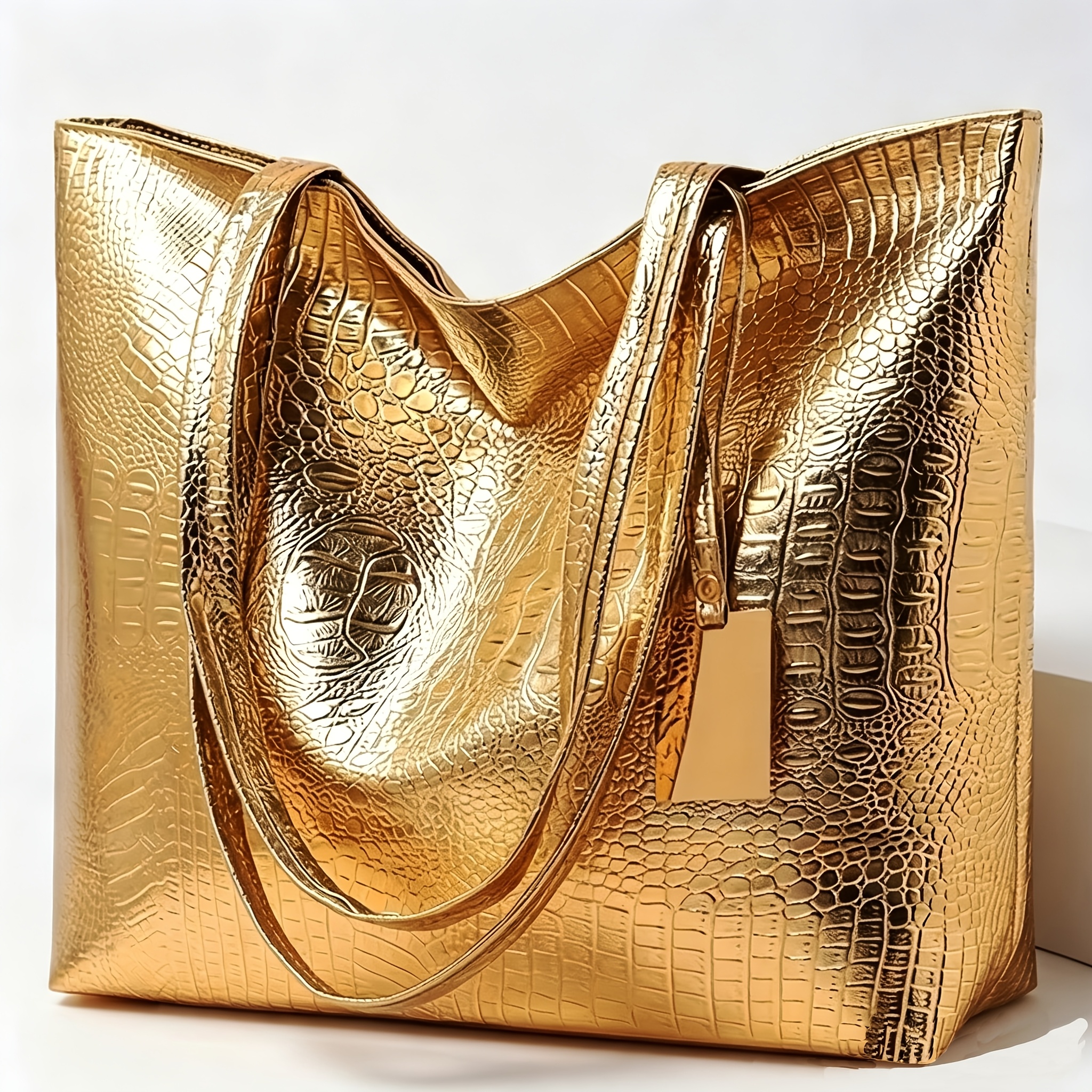 TEMU Borsa tote da donna capiente con finitura metallizzata e goffratura coccodrillo, borsa a spalla a per gli spostamenti quotidiani, adatta per