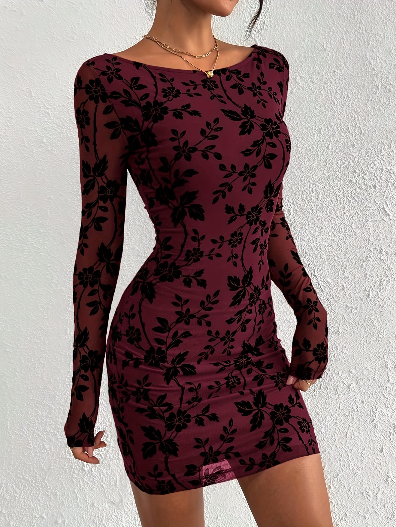 Women's 2025 Fall *-Fit Bodycon Mini Dress, Long Sleeve Mesh * Floral  Wedding Guest Cocktail Party Short Dress