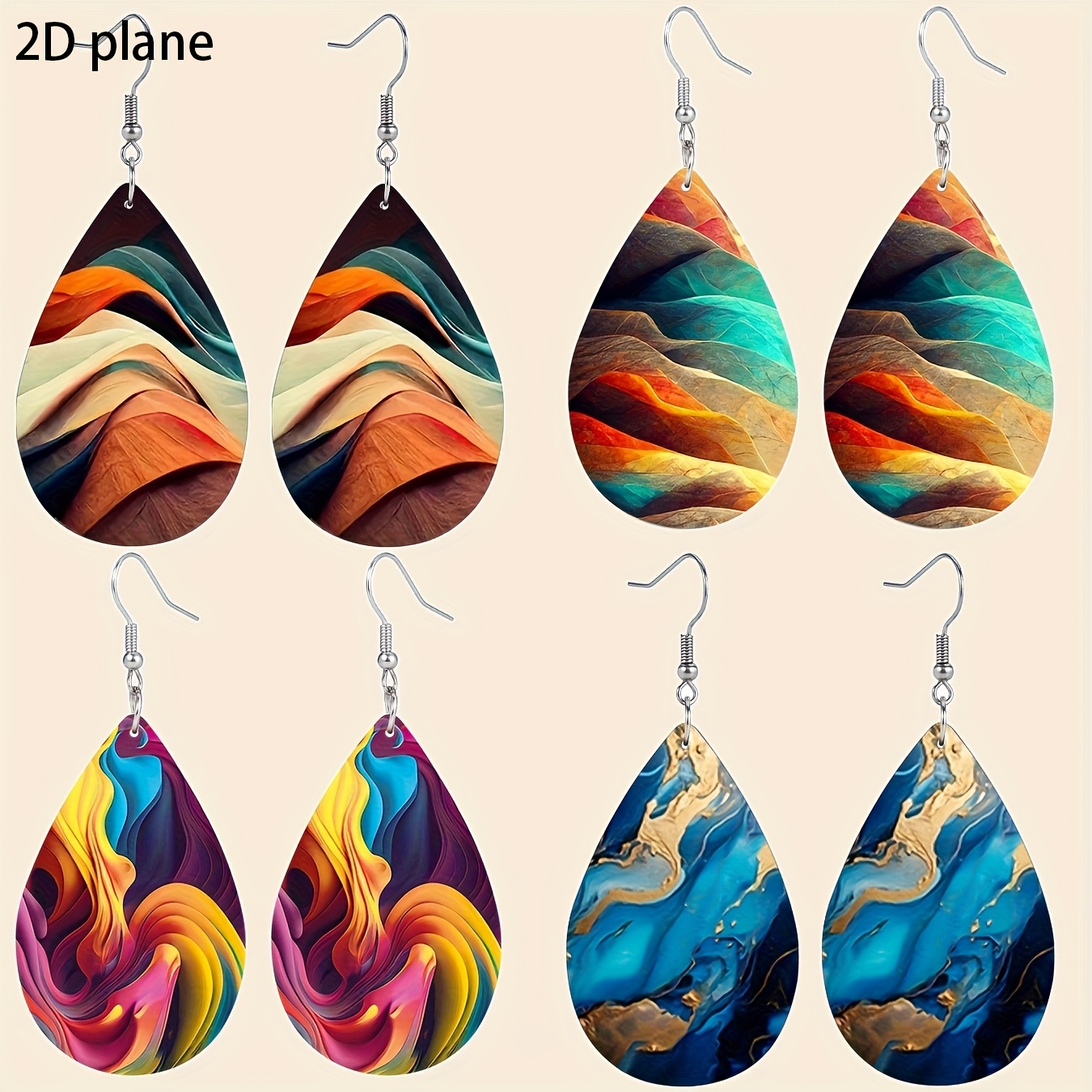 Image of 4 Pairs Bohemian Wooden Teardrop Earrings Suitable For Women - Wood Dangle Earrings With Wood Grain, Lightweight , Minimalist Style For Parties, Beachwear & Casual Attire, Gift For