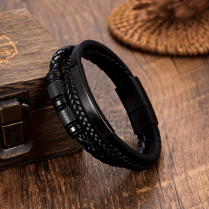 mens leather bracelet made from a black stainless steel accessory mens leather bracelet black everything   braided magnetic   bracelet   accessories details 6