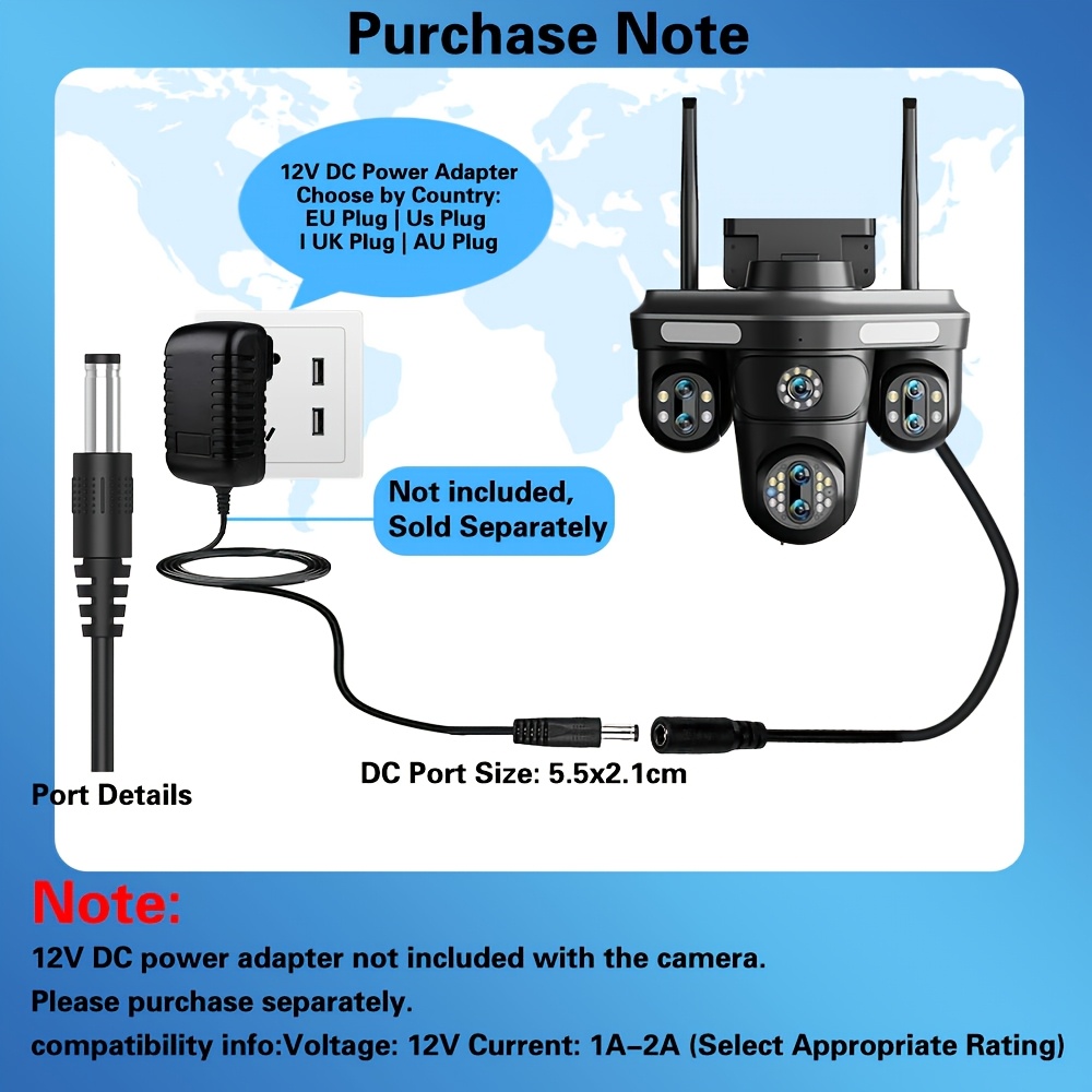 7-Lens 4MP Outdoor WiFi Security Camera, 10X Optical Zoom, Quad Screen Display, PTZ Control, Motion Detection, Auto Tracking, Color Night Vision, Two-Way Audio, 2.4GHz, DC12V, LED Lights, Bullet Camera for Home and Business Security, No Battery