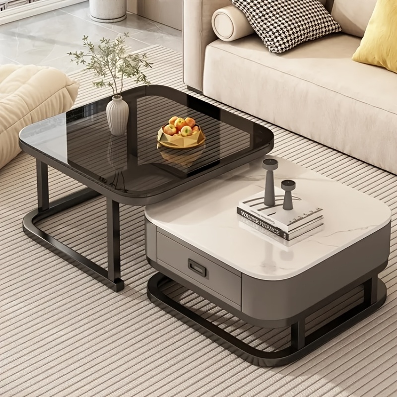 A combination set of a 27.5-inch tempered glass large table and a 23.5-inch slate small table, square coffee table, tea table, suitable for various scenes such as living room, bedroom, courtyard, reception room, etc.