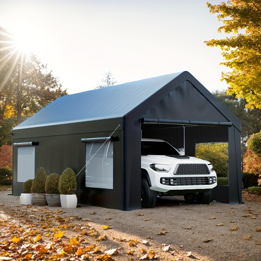 

12'x20' Extra Large Heavy Duty Carport, Upgraded Portable Garage Car With Roll-up Ventilated Windows, Removable , Waterproof Uv Resistant Tarp Garage, Carport