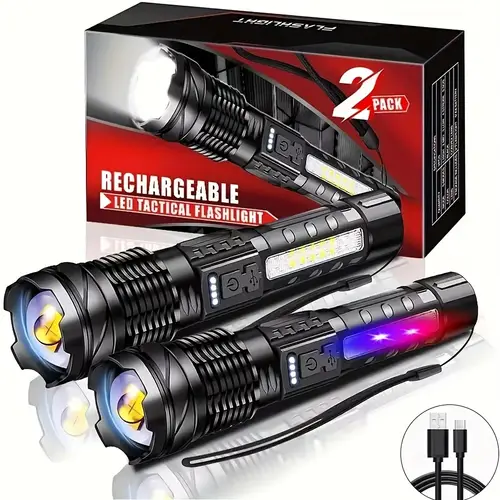 buy 1 get 1 free total of 2 handheld led flashlights rechargeable led battery 7 cob side light zoom flashlight powerful handheld flashlight high long distance power indicator for camping emergency