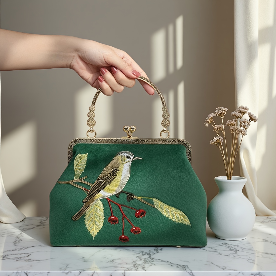 Handmade Handbag Computer Velvet Velour Natural Bamboo Handle Women's Evening Clutch Bag
