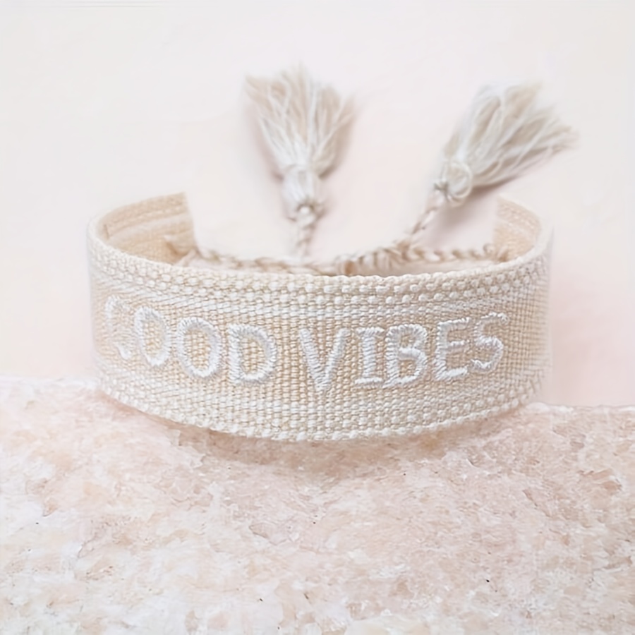 Image of Bohemian Letter Charm Bracelet With Fringe Tassel, Hand-embroidered Friendship Chain For, Boho Festival For Music Events & Casual Attire, Accessory ( Beige)