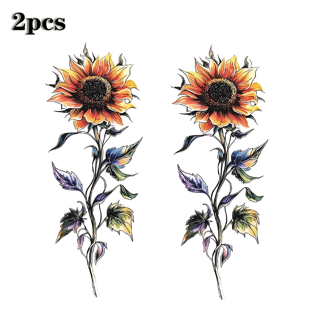 TEMU 2pcs Sunflower Waterproof Temporary Tattoo Sticker Watercolor Floral With Colorful Body Art Arm Forearm Wrist Leg Fake Tattoos Sleeve For Women