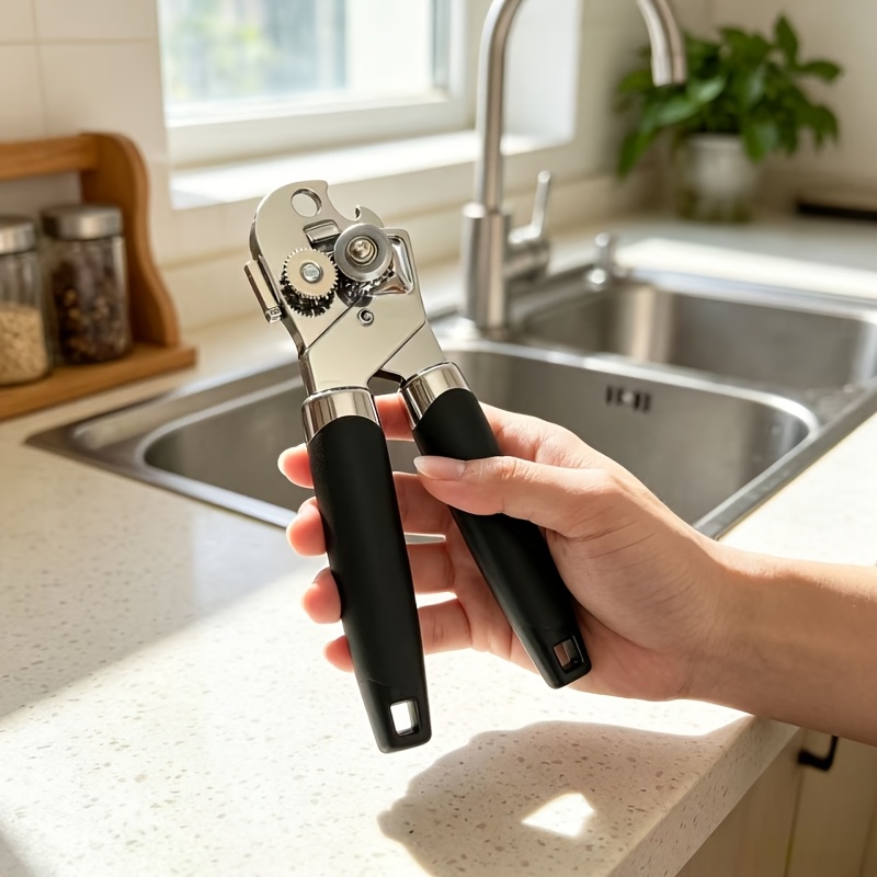 TEMU Can Opener Stainless Steel Multi Function Manual Heavy Duty Jar Opener, Safe Lid Opener With Ergonomic Handle, Portable Wine Bottle Opener