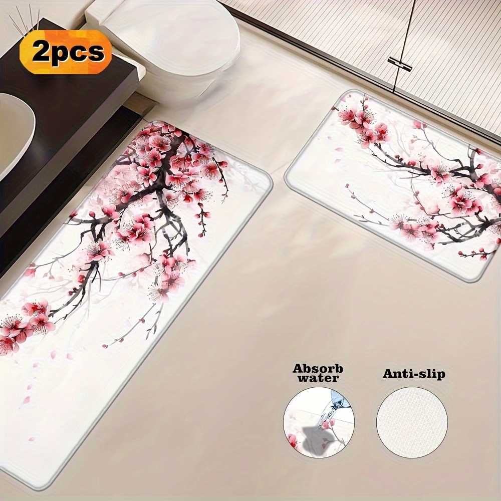 

easy-care" Cherry Blossom Bathroom Rug Set (1 Or 2 Pcs) - Non-slip, Washable Polyester Mats For Indoor Entryway & Home Decor