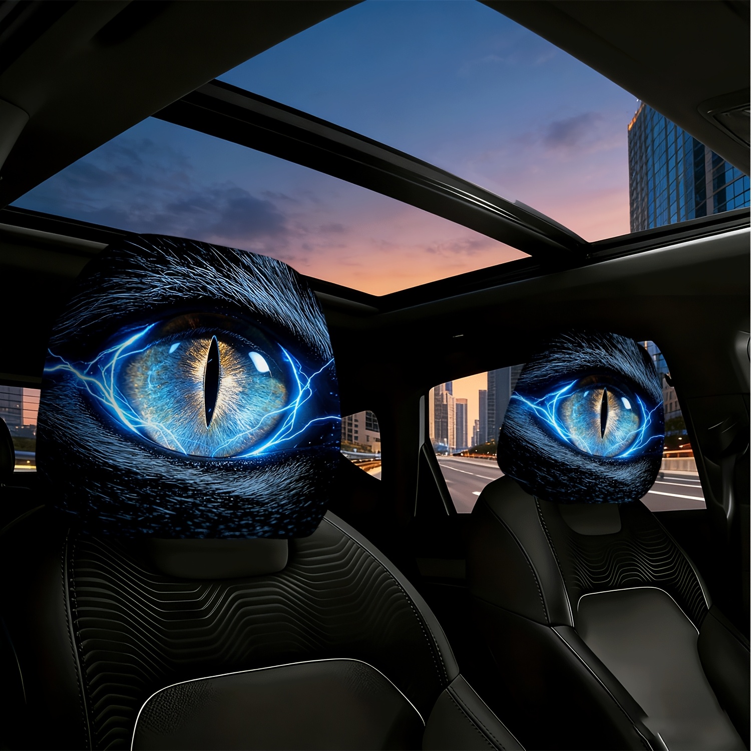 TEMU 2pcs Electric Cat Eye Car Headrest Covers With Mysterious Gaze Suitable For Cars, Trucks, Suvs - Fit Washable Headrest Protectors, For Vehicle