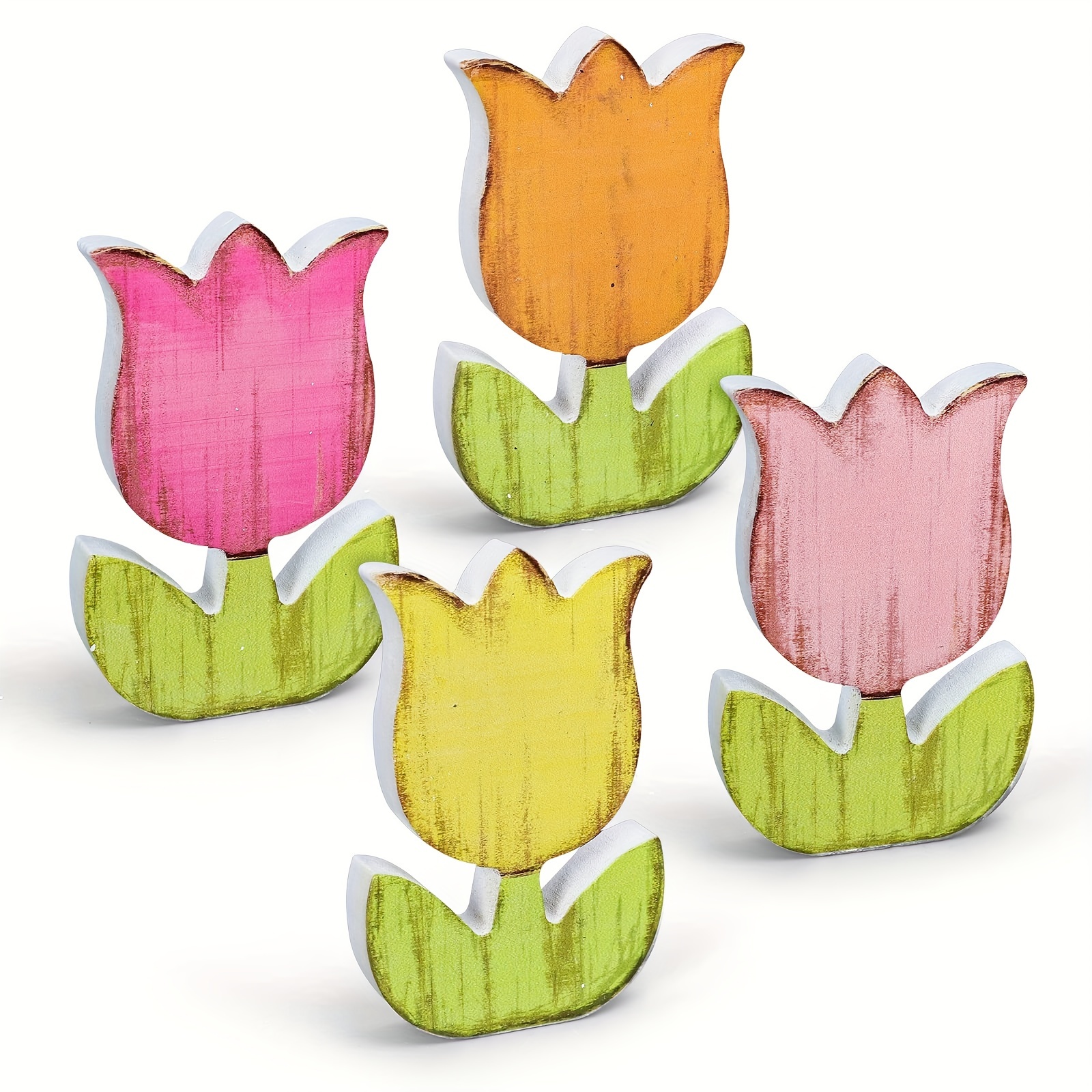 Image of 4pcs Tulips Wood Signs Rustic Farmhouse Tulip Flowers Table Decoration Spring Tulip Table Centerpiece Tiered Tray Decor Multicolor Tulips Floral Block Tabletop Signs For Home Decor
