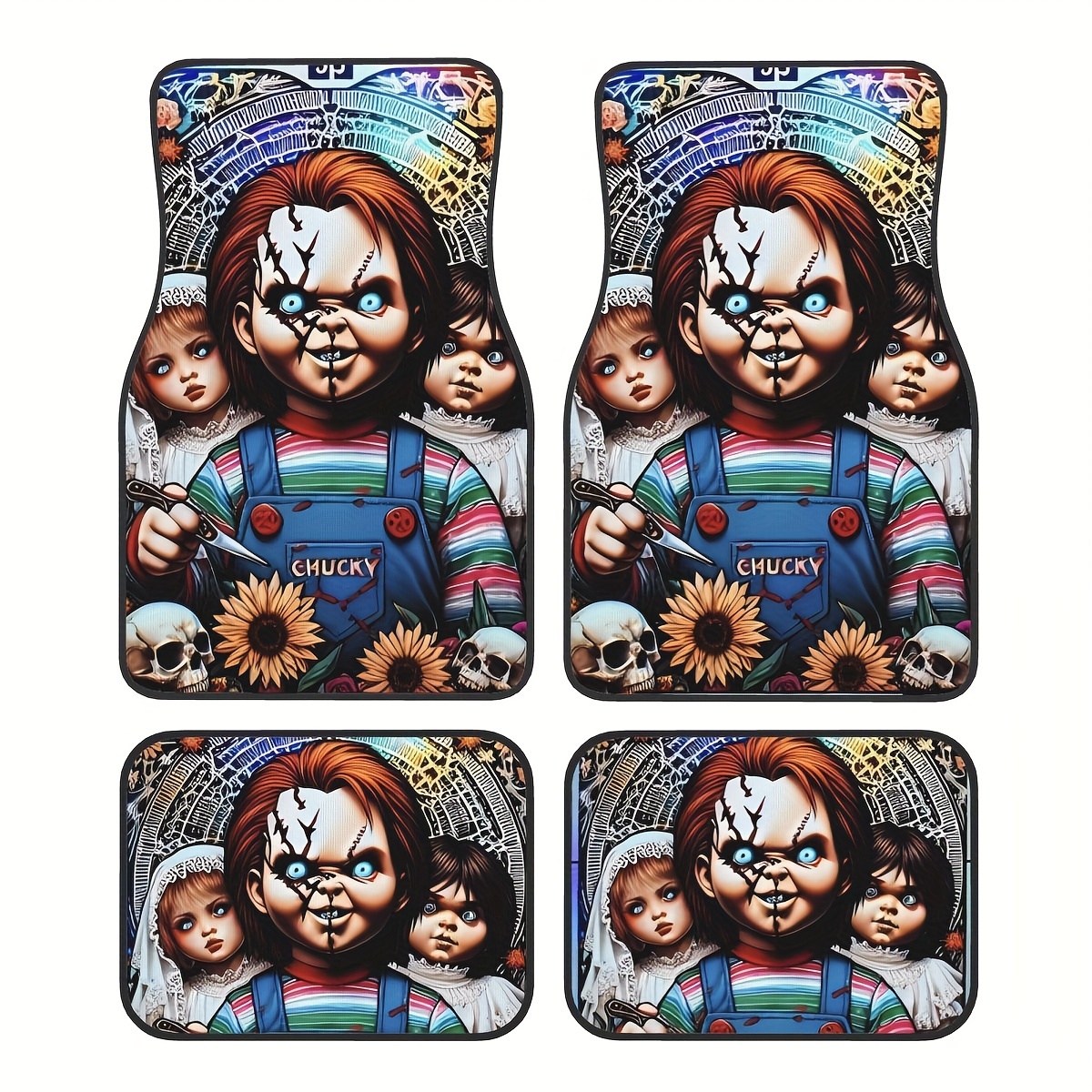 TEMU Halloween Horror Movie Pattern Rubber Car Floor Mats Set Of 4, Universal Fit Non-slip Anime Automotive Front & Rear Carpets, Waterproof Easy Clean Auto Interior Accessories