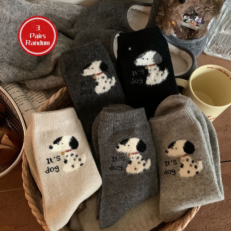 TEMU Random Mixed Colors 3 Pairs Women's Autumn Winter Cute Dalmatian Mid-calf Socks, , Simple, Versatile, , Cute Puppy, Winter Long Socks