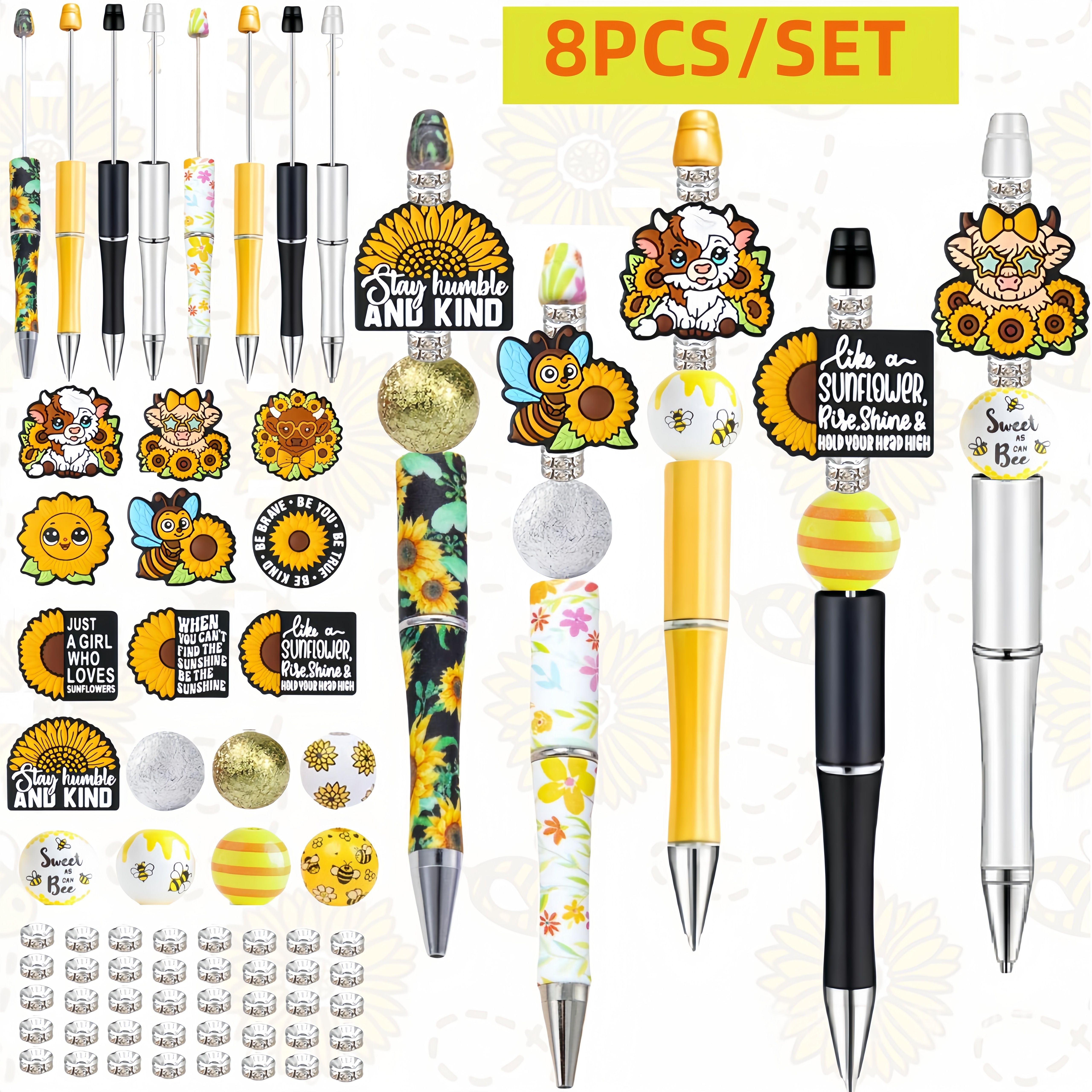 

8pcs Sunflower Bee Theme Diy Beaded Ballpoint Pen Set, Includes 8 Silicone Beads In Cow, , Twistable Plastic Barrel, Round Shape, Medium Point For School Office Party Favors Birthday Gifts