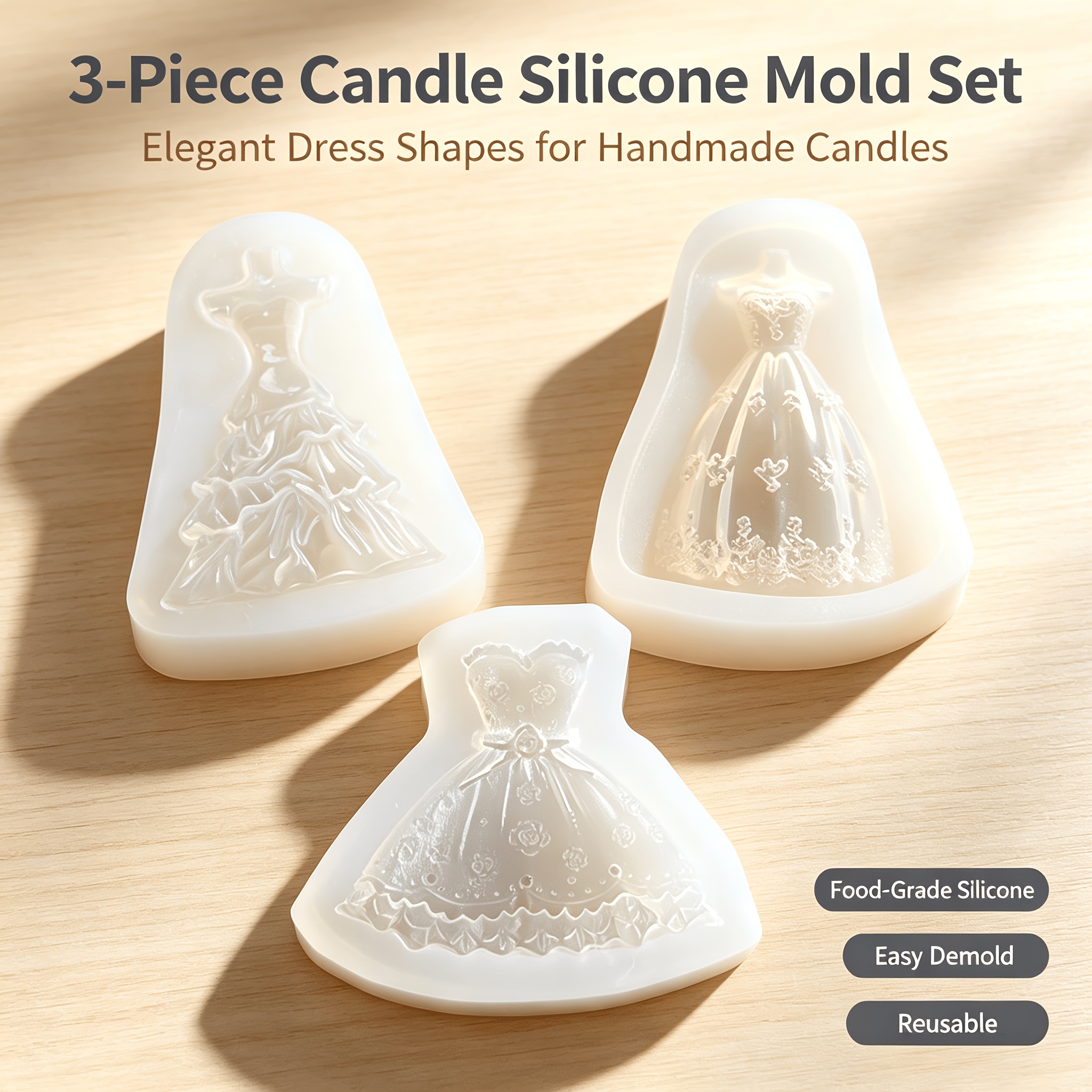 TEMU Set de 3 moules en DIY robe de princesse à jupe bouffante pour bougies d'aromathérapie, résine époxy à et artisanat en plâtre