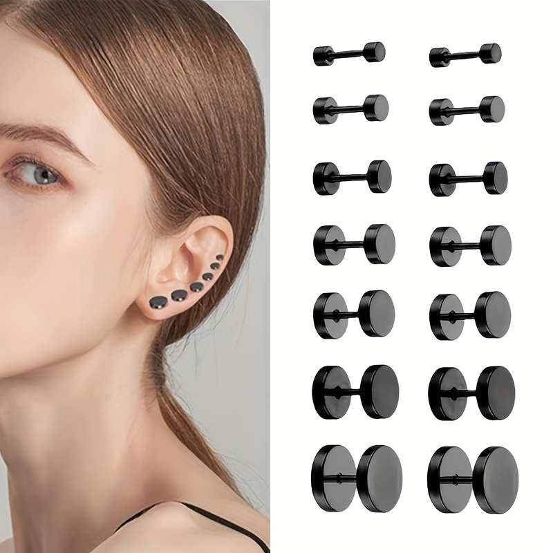 E-shop 14-teiliges Edelstahl Rund Flache Rückseite Schraube Stachelknorpel Unisex Mode Ohrring Set (7 Paare) Schwarz 4mm-10mm Stachelknorpel Tragus