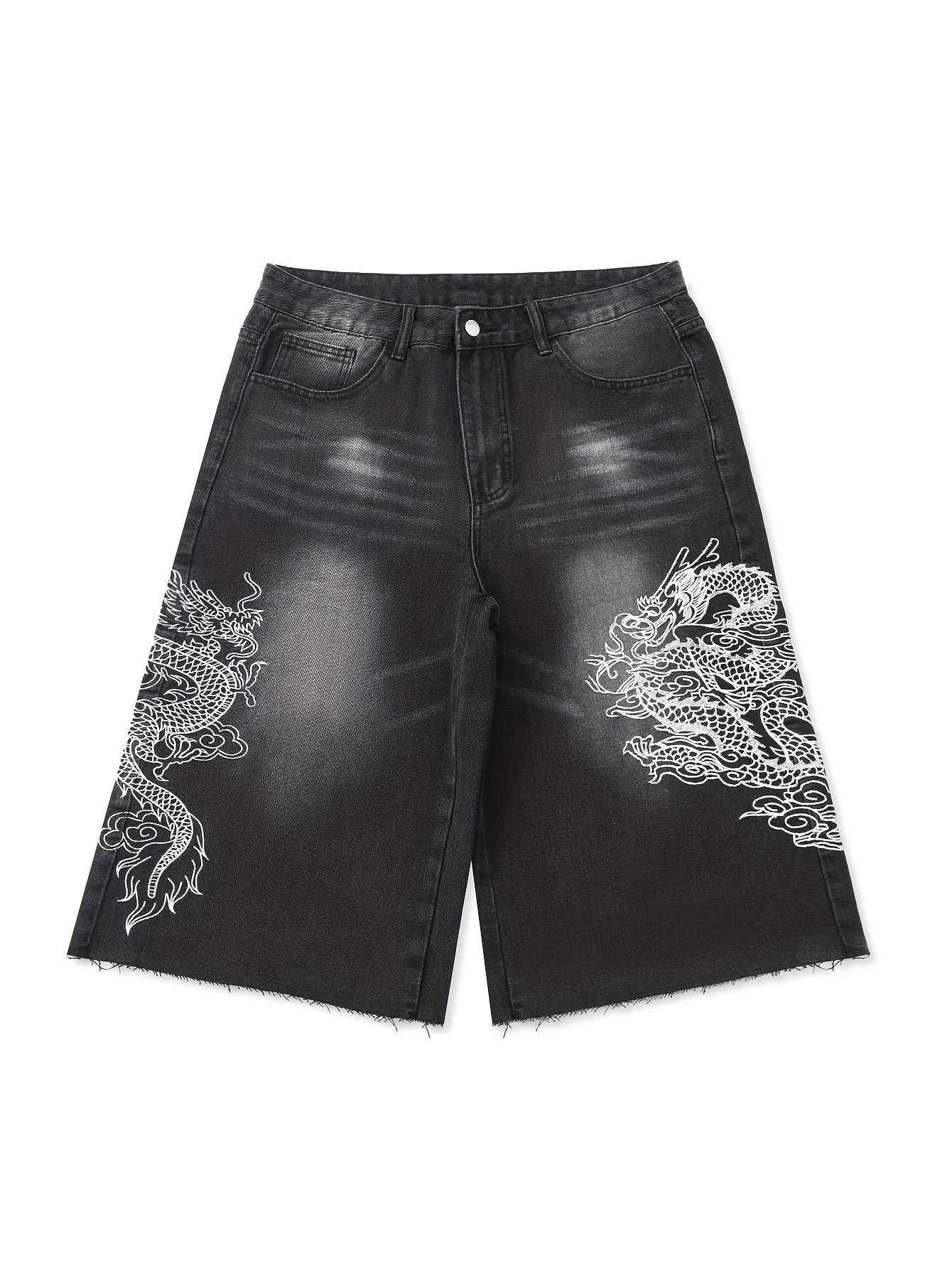 men's dragon graphic print denim shorts summer casual trendy