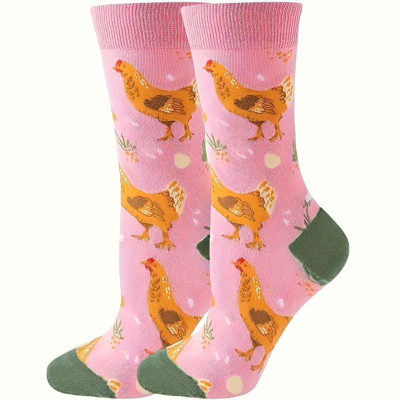 

1 Pair Women's Chicken & Floral Pattern Mid-calf Socks - Pink With Yellow Accents, Breathable Polyester Blend, Machine Washable For Indoor & Outdoor Fun