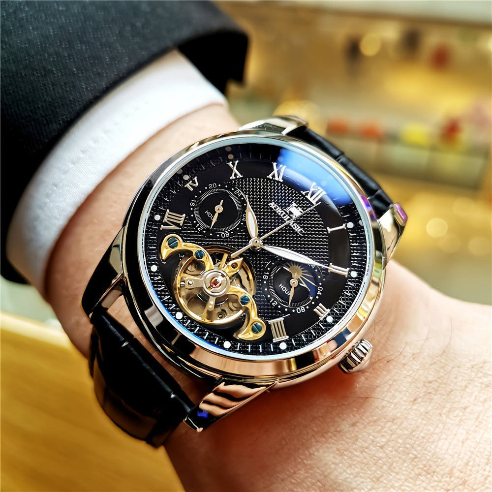 

Automatic Mechanical Watch Light Luxury, High-end Fashion, Trendy Skeleton Business Casual Watch, High-end Atmosphere, 24-hour Sun, Moon And Stars, Temperament, Large Dial, Men's Watch, Men's