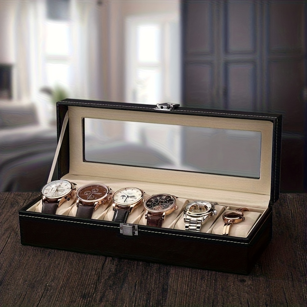 6 slot watch display box storage case with glass lid lockable   organizer cabinet rectangular watch shelf with wood interior for mens womens watch collection for   use Product details 3
