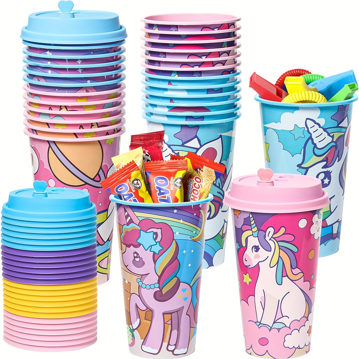 

24 Pack Party Favors Goodie Cups, Birthday Party Cups In 4 Colors, 16oz Reusable Rainbow Plastic Party Supplies Decorations Cups With Lids Plugs For Kids