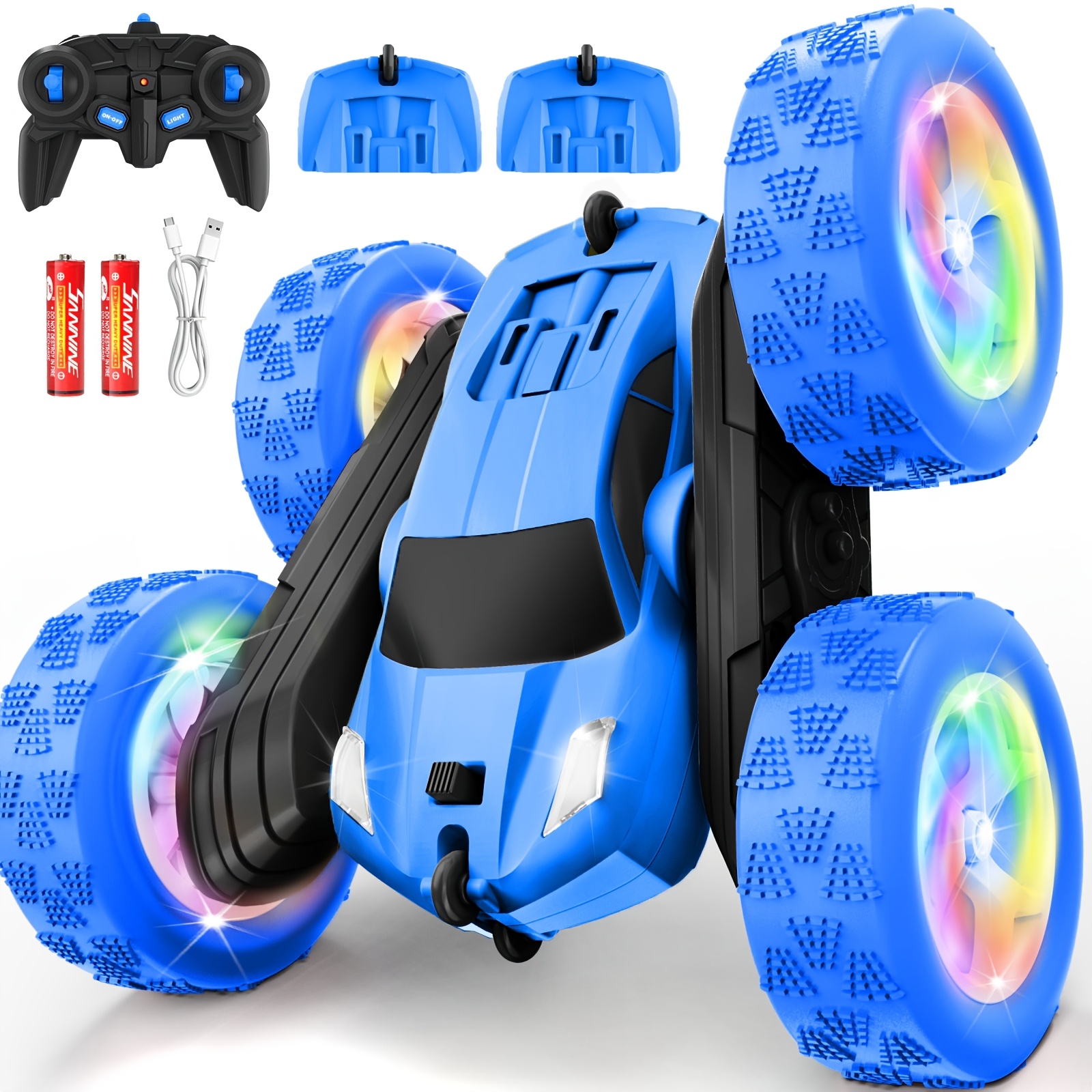 TEMU Remote Control Stunt Car 4wd 360 Degree Flip Double-sided Rc Car, Led Light Bar, Usb- Battery, 2.4ghz Outdoor Beach Toy For Boys 6-12, Birthday And Christmas Kids Gift, Blue