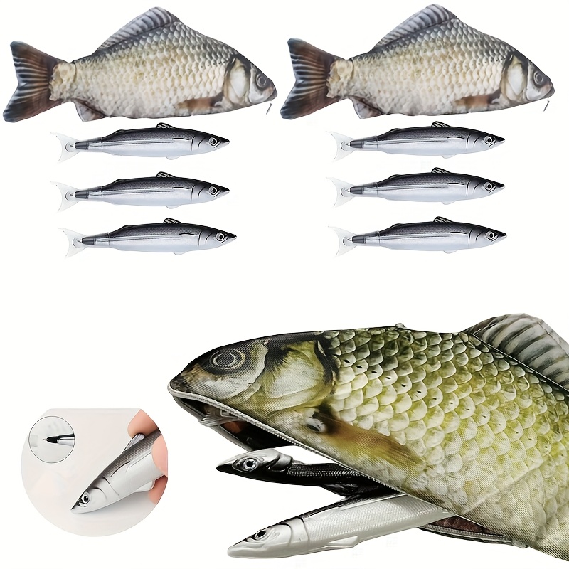 Fischförmiges Federmäppchen Set – Mit 4 Fischstiften, Schwarz, Gepolstert