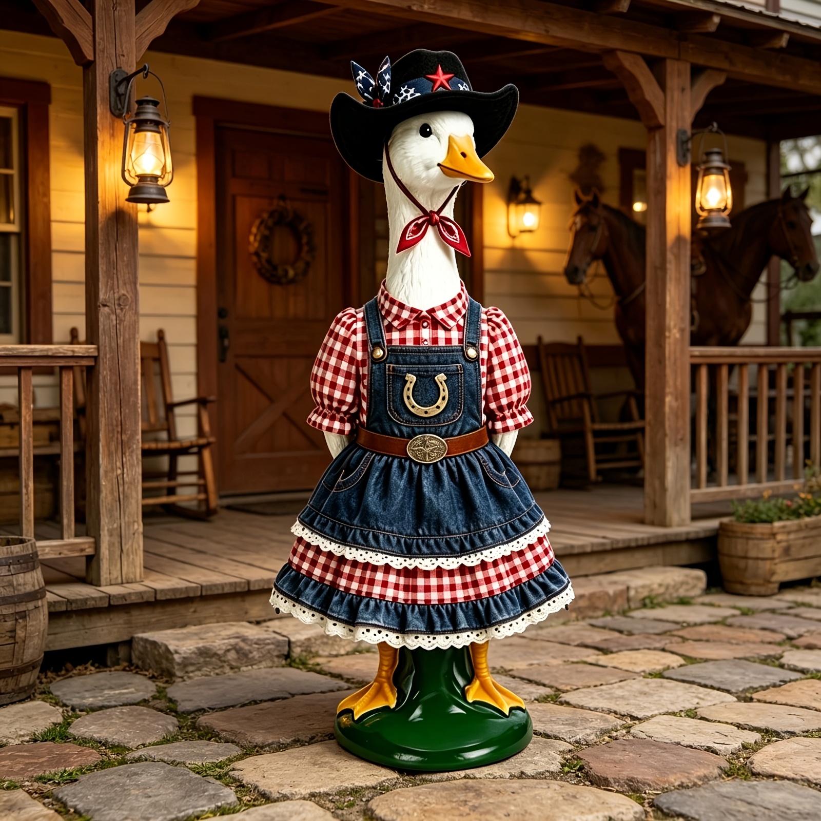 TEMU 23 Inch Goose Western , Red Gingham Shirt Denim Overall Dress With Cowboy Hat And Bandana, Costume Additions For Outdoor Resin Goose Statue,
