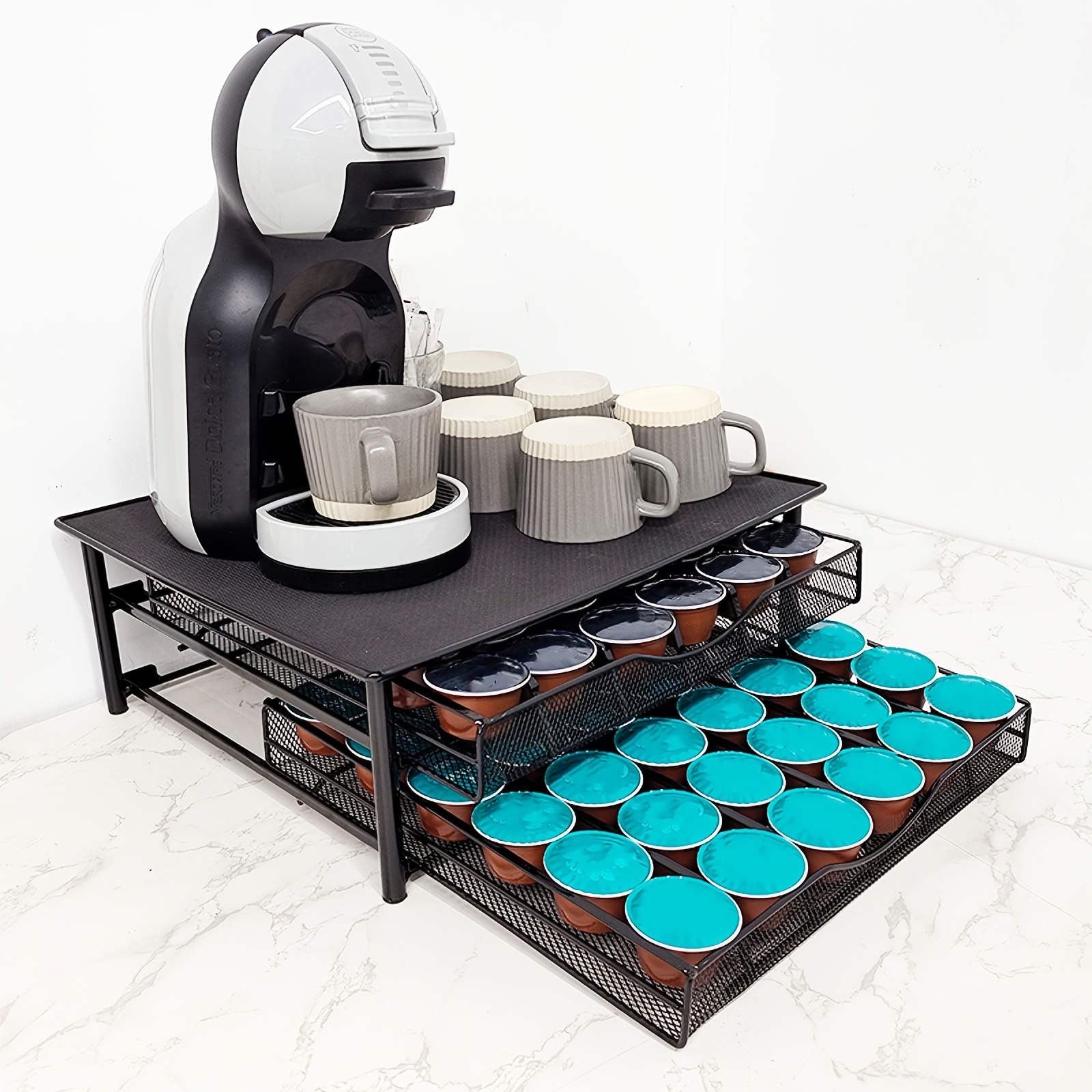 Coffee Capsule Desktop Drawer Organizer With Mesh Non-slip Feet, Pull-out Storage Tray For Home Kitchen, Machine Storage Base, Black