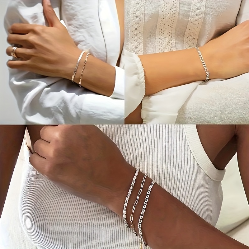5pcs Silvery Cuban Chain Bracelets Set, Handcrafted
