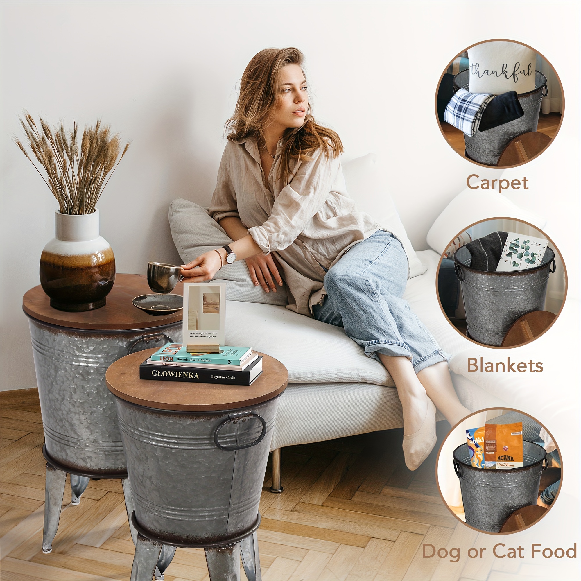 Set of 2 Rustic Farmhouse End Tables, Galvanized Metal Nesting Accent Side Tables with Round Wood Lids