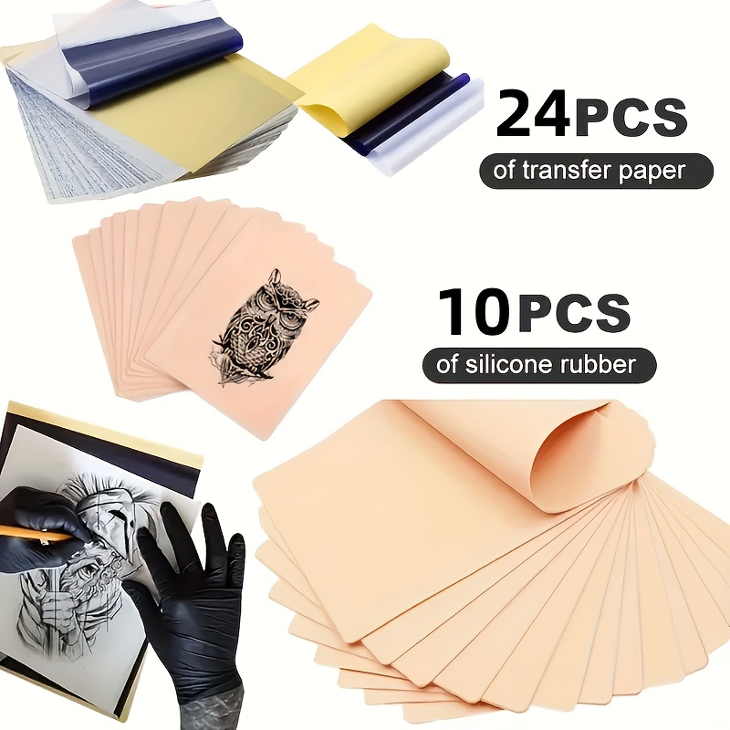 TEMU Tattoo 71piece Or 34pcs Set Tattoo Transfer Papers And Silicone Tattoo Practice Skins Double-sided Real Touch Tattoo, Microneedling, Eyebrow And