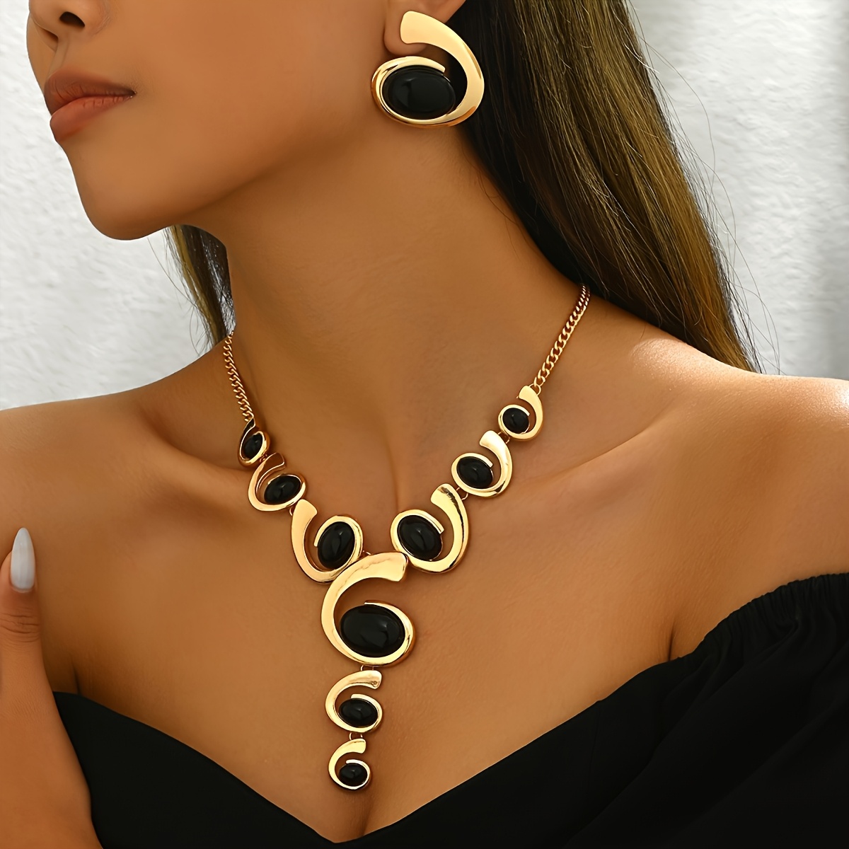 

3pcs Vintage Sexy Jewelry Set, Alloy Geometric Spiral/ Necklace And Earrings With Black Acrylic, Y-shape Long Pendant, For Women, Daily And Party Wear