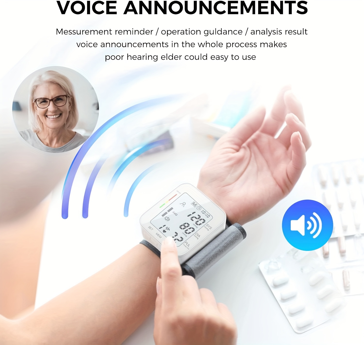   wrist   with large lcd display voice guidance adjustable cuff 5 31 7 68 inch auto inflation 99x2 memory high blood pressure alert portable with carrying case for home use health monitoring userfriendly design comfortable wristband durable construction Product details 1