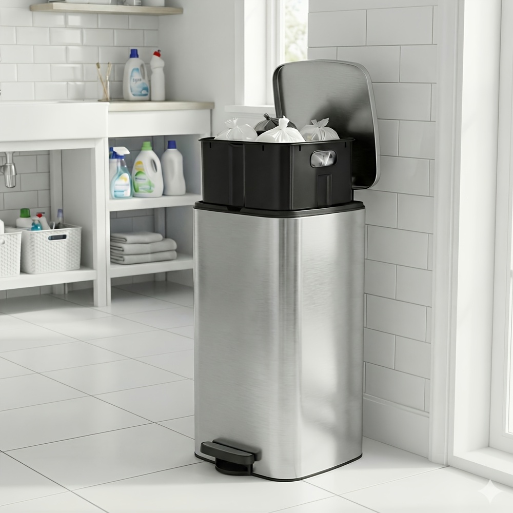 TEMU Poubelle, avec seau intérieur, poubelle de 30 L, poubelle de cuisine en acier inoxydable, fermeture douce et ouverte, argent métallique
