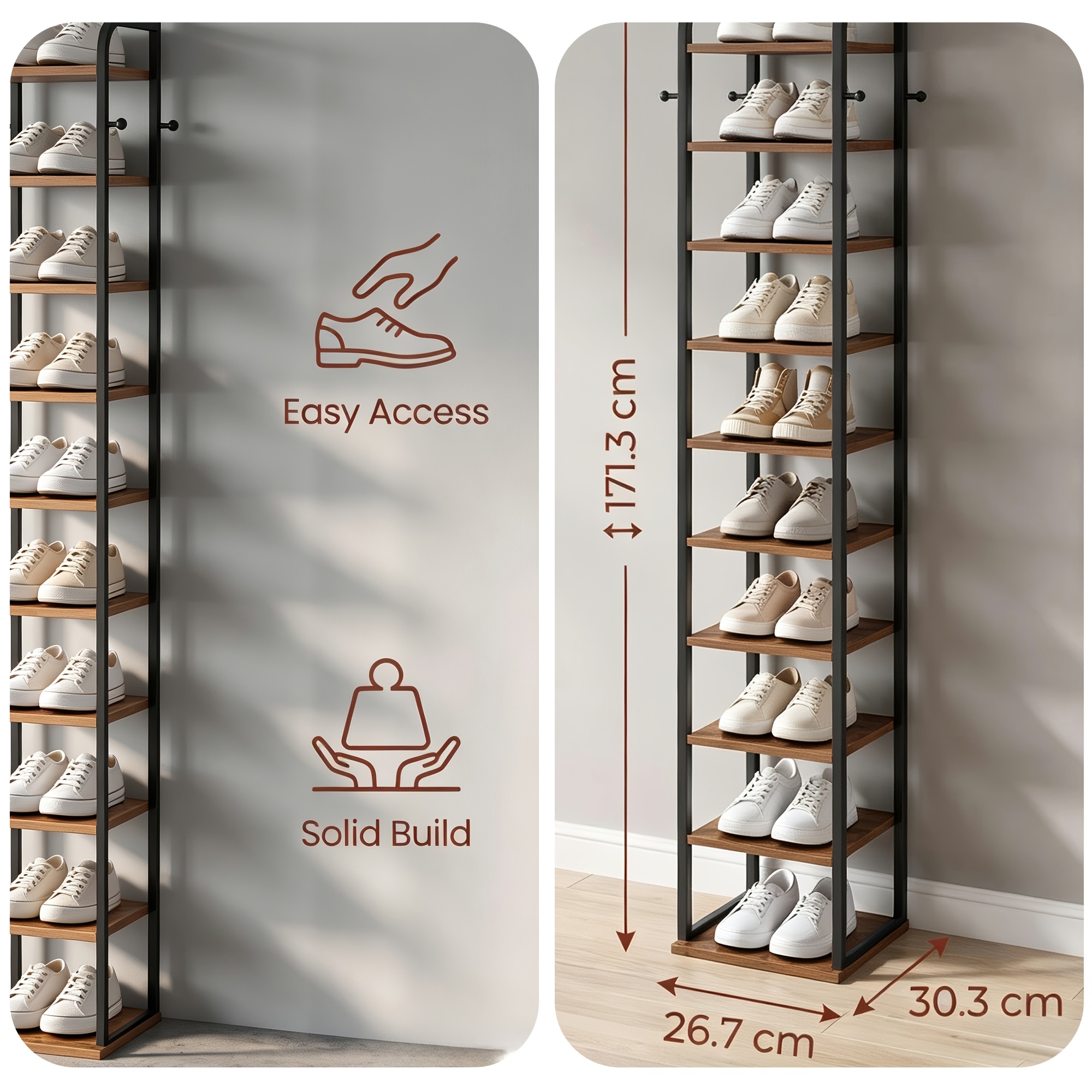 Image of 10-tier Vertical Shoe Tower For Small Spaces, Adjustable Shelves To Fit Different Shoe Types, Free-standing Design For Narrow Walkways, Sleek End For Multiple Home Decor Styles