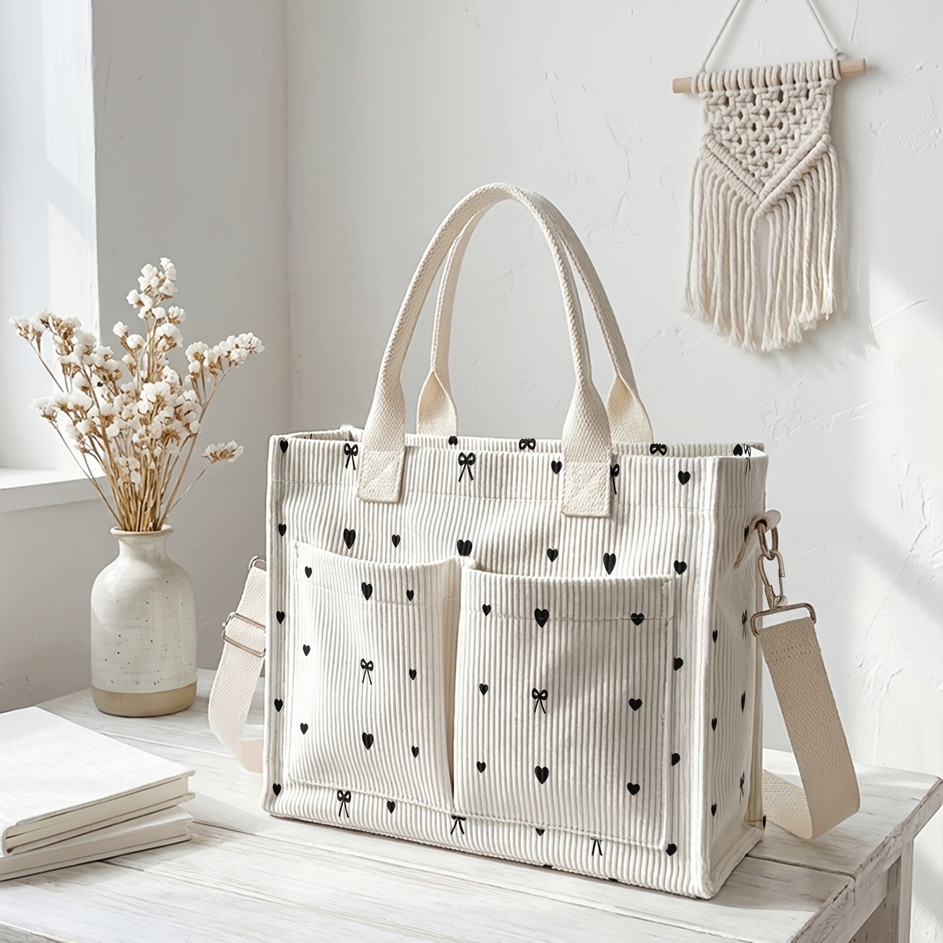 TEMU 1pc, Women's Crossbody Bag, Heart And Bow Pattern 2d Print, Corduroy With Multiple Pockets, Dual-use As Handbag/crossbody | Essential For Daily