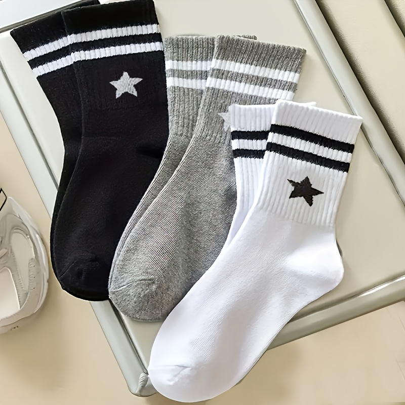 TEMU 3 Paires de Chaussettes Femme & Unisexe (Assorties) Noir/Blanc/Gris - Élégantes Côtes au Bout et au Talon, Design Géométrique 5 Étoiles & -