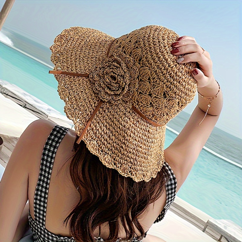 

Wide Brim Sun Protection Flower Decor Crochet Straw Hat, Face Covering Foldable Breathable Sun Hat For Beach Seaside, Women's Hat &