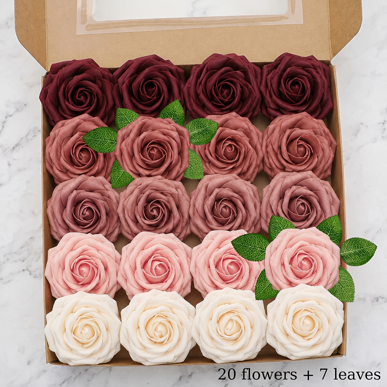TEMU Ensemble de 27 pièces de fleurs et feuilles artificielles à dégradé rouge, comprenant 20 roses et 7 feuilles, fleurs réalistes en mousse avec